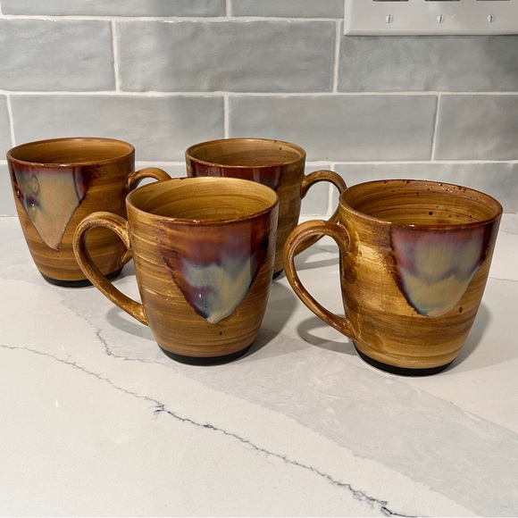 Set of 4 POTTERY Sango Splash Coffee Mugs Brown Drip Glaze RETIRED - Picture 4 of 6